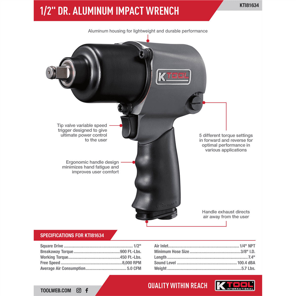 K Tool International Air Impact Wrench 1/2 Inch Drive 900 Foot Pounds Heavy Duty
