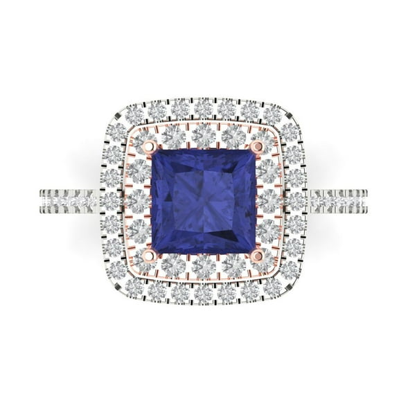 2.07 ct Princess Cut Simulated Tanzanite with Simulated Diamond Halo Accents 14K White/Rose Gold Womens Engagement Ring