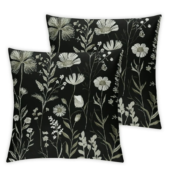 Spring Floral Pillow Covers Set of 2 Black Sage Green Wild Flower Decorative Pillow Cases Vintage Herbs Plant Cushion Cover Botanical Farmhouse Decor Outdoor Throw Pillows for Couch Bed