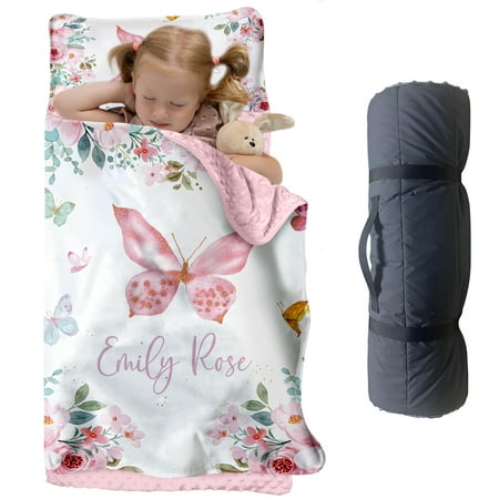 AOLOA Pink Flower and Butterfly Toddler Nap Mat With Pillow and Blanket for Daycare and Preschool(Cushions + Pillows22.5 x55 +Blanket size: 33.5 x 45 )