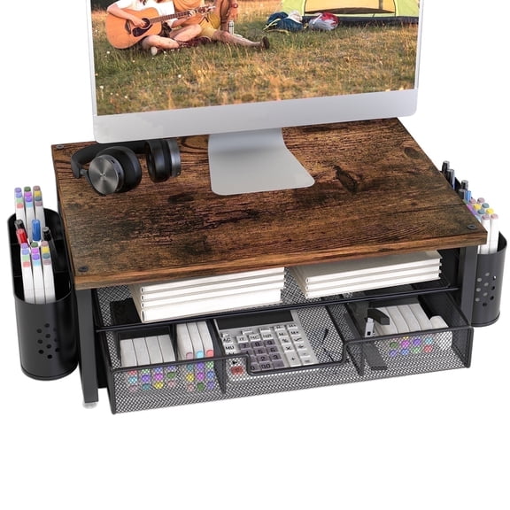 MEHOOM 3-Tier Wooden Monitor Stand Riser with Drawer and Pen Holders, Desk Organizer and Accessories for Laptop, Office, Dorm Desktop Setup, Classroom Desk Accessories & Workspace Organizers