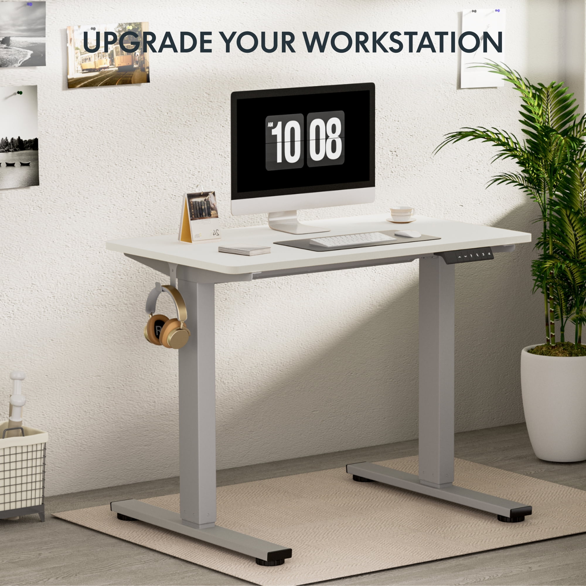 FLEXISPOT 40"x24" Home Office Height Adjustable Standing Desk with Hooks, Ergonomic Electric 2-Stage Stand Up Computer Desk, Gray and White