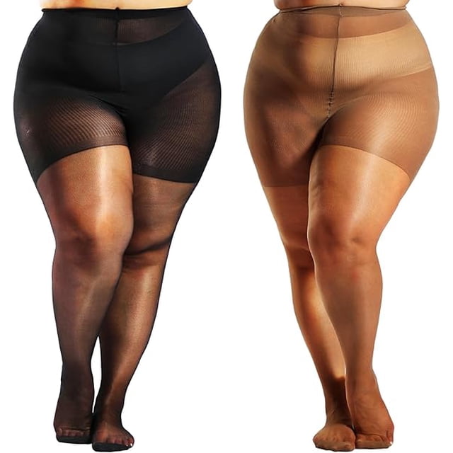 2 pares de medias transparentes de talla grande para mujer, pantimedias ultrafinas con dedos reforzados, medias de cintura alta 1XL-6XL, 20D, café oscuro, negro