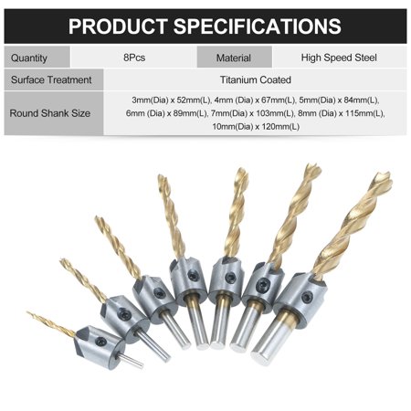 

Walmeck 8Pcs Woodworking Chamfer Drilling Tools Set Including 7Pcs Three-Point Countersink Drill Bits + L-wrench High Speed Steel Woodworking Bits Set Titanium Plated Drilling Bits for Wood Drilling