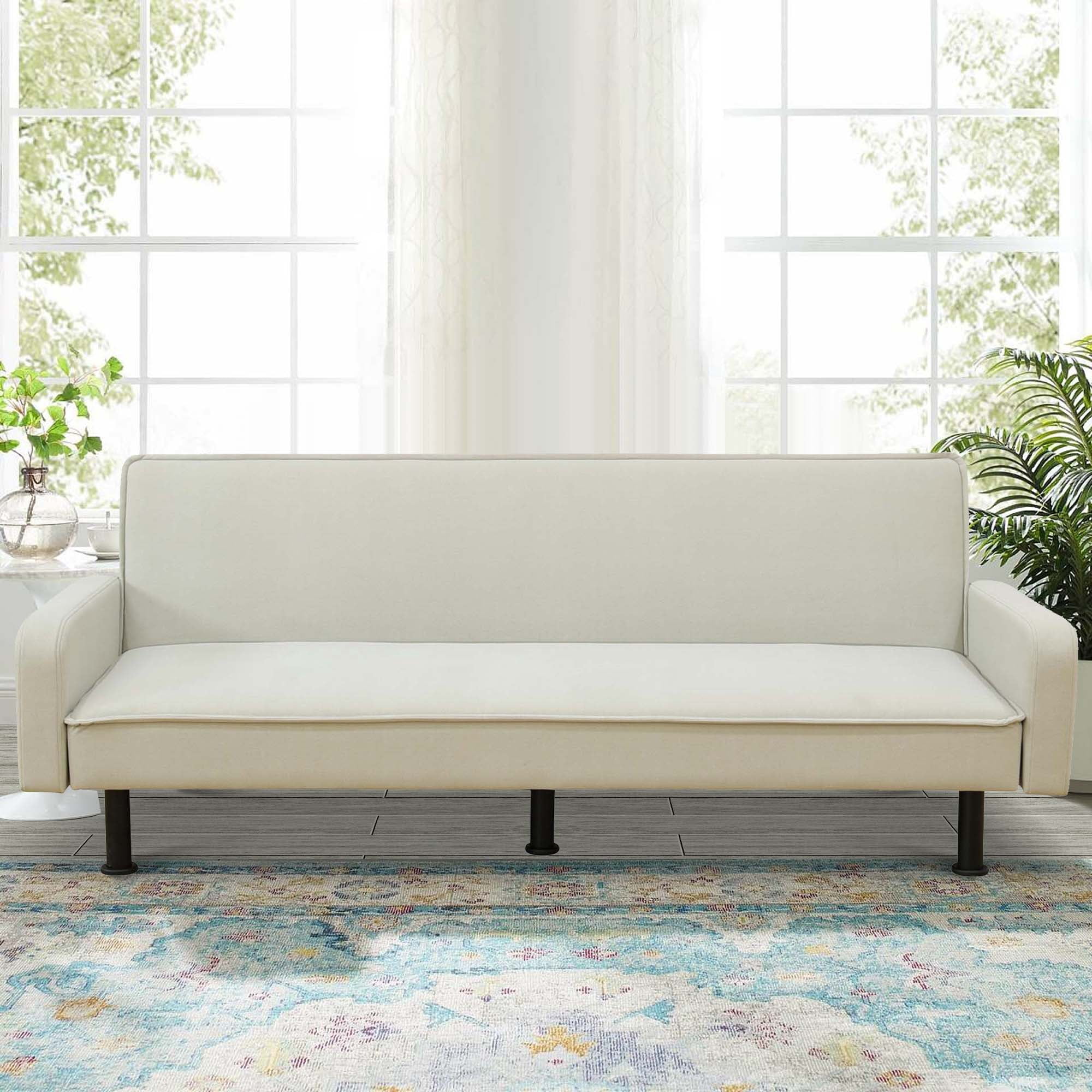 Aukfa 78" Square Arm Futon Sofa Bed Upholstered 3 Seat Couch for Home Office, Flannel, Light Gray