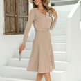 thumbnail image 7 of Fall Dresses for Women Long Sleeve Button V Neck Solid Color Belted Dress Pleated Elegant Casual Work Midi Dress, 7 of 7