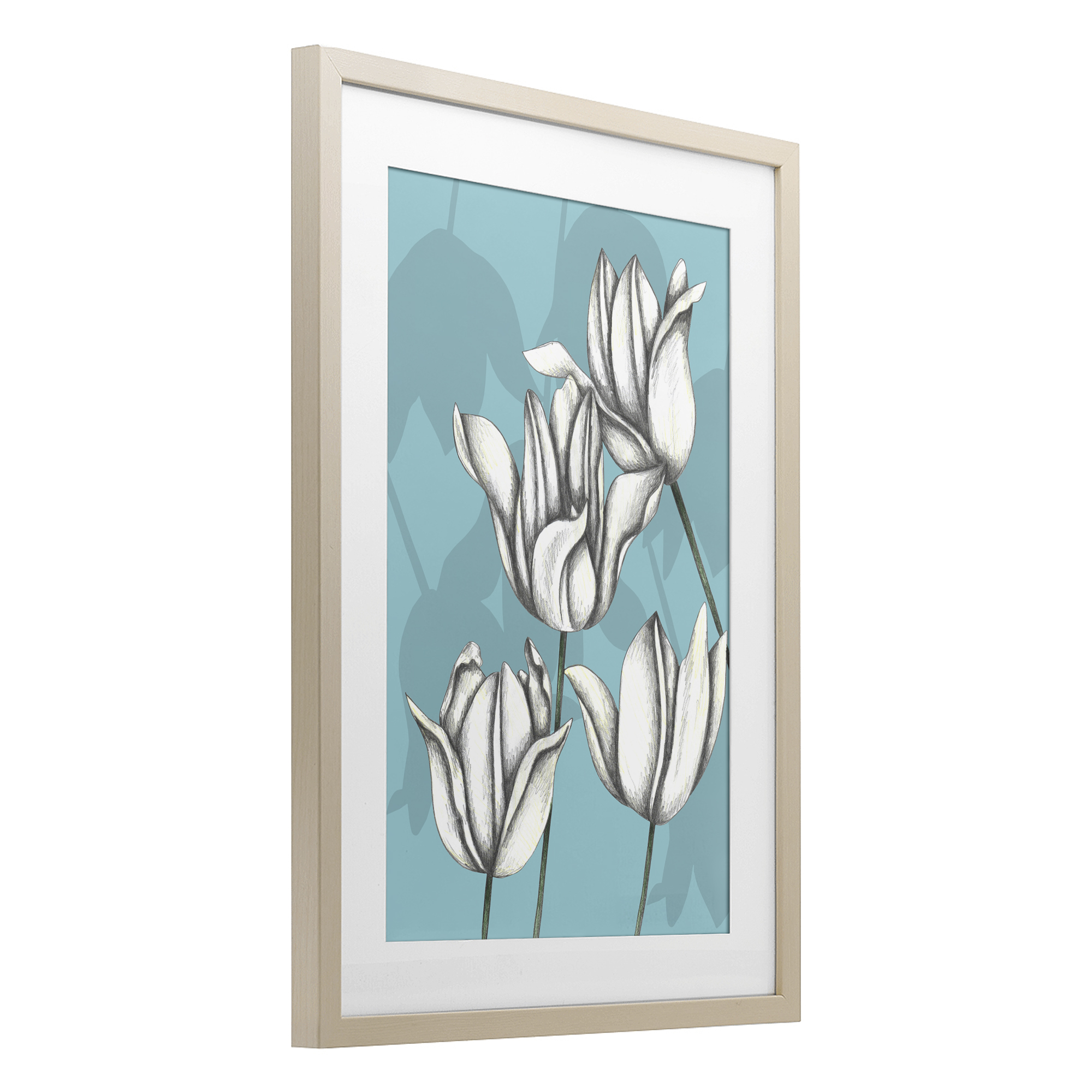 Sketched Tulips Keep Growing Birch Framed Print Under Glass, design by Cecilia Battaini