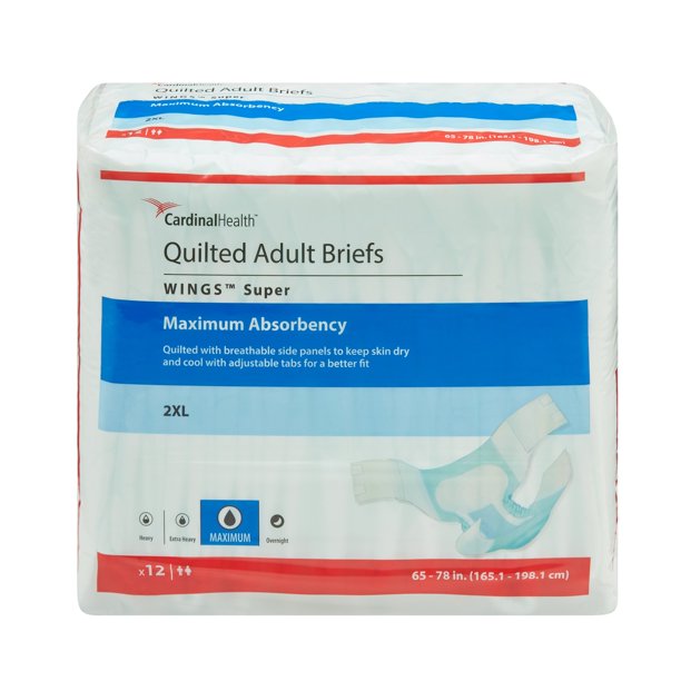 Wings Super Adult Incontinence Brief XXL Heavy Absorbency Quilted, 67093, Maximum, 48 Ct