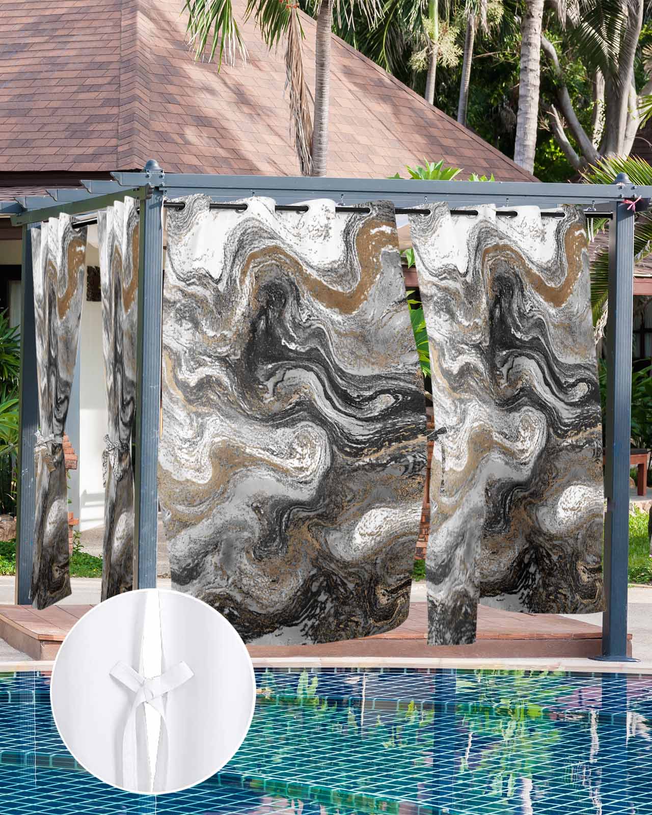 Black Marble Outdoor Curtains for Patio, Retro Chic Abstract Mottled Texture Art Privacy Drapes Grommet Waterproof Outside Curtains for Porch/Cabana/Balcony 54"x 108", 1 Panel