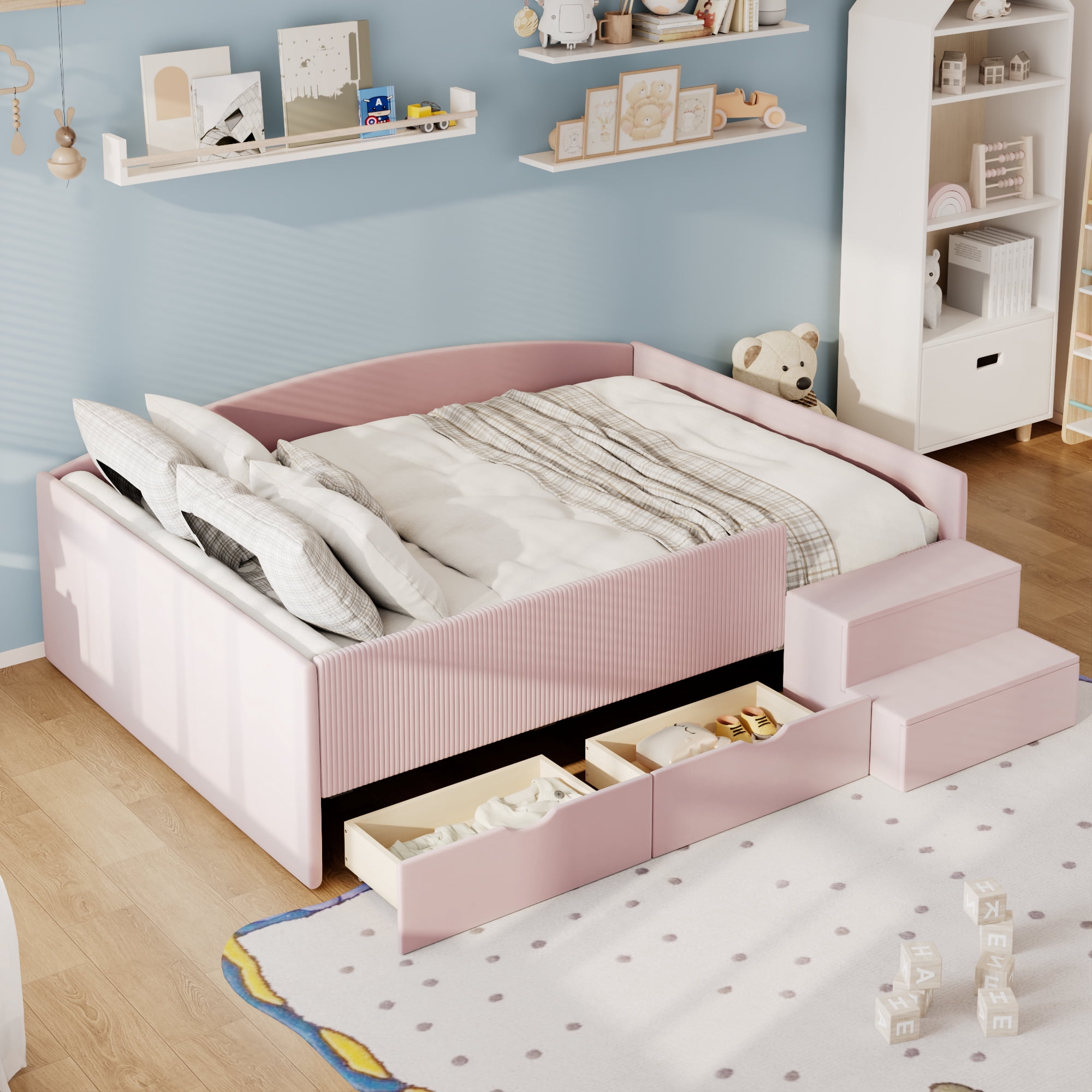 Mintazer Full Size Cute Upholstered Floor Daybed Frame with Safety Guardrail & 2 Storage Drawers & Stairs for Teens Kids, Pink