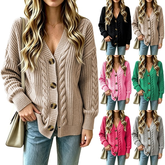 Sorvello Women's Cable Knit Cardigan Jacket Chunky Button Up Long Sleeve V-Neck Sweater Loose Warm Fall Winter Top for Women Black L
