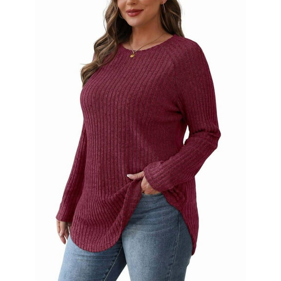 Long Sleeve Shirts for Women Tunic Tops for Women Loose Fit Dressy Crew Neck Pullover Basic Sweaters for Women Red L