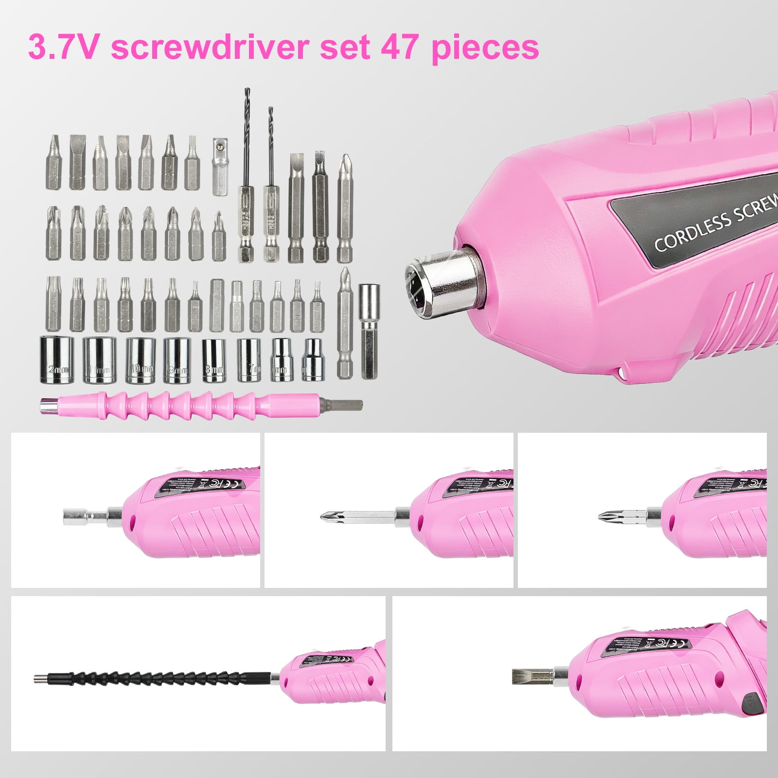 Electric Screwdriver Set, Handheld cordless drill Rechargeable Tool, Rotatable 90 Degrees Cordless Electric Screwdriver Set with Rechargeable Battery and LED Light for Home DIY, Pink