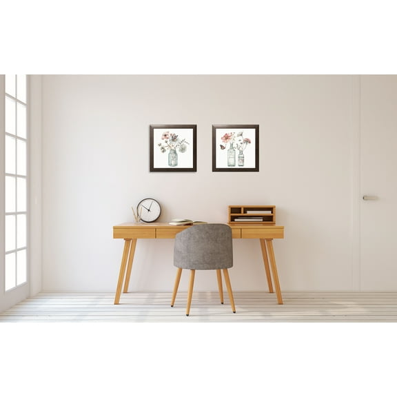 Gango Home Decor Shabby-Chic Mason Jar Floral Bouquet Wall Art; Two Pink 12x12in Art Prints in Brown Frames