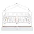 thumbnail image 4 of Full Size Montessori Bed with Two Drawers for Kids, Wood Floor Bed Frame, House Bed Frame with Fence & Roof, Solid Wood Playhouse Bed Storage Bed, for Girls Boys Teens, White, 4 of 7