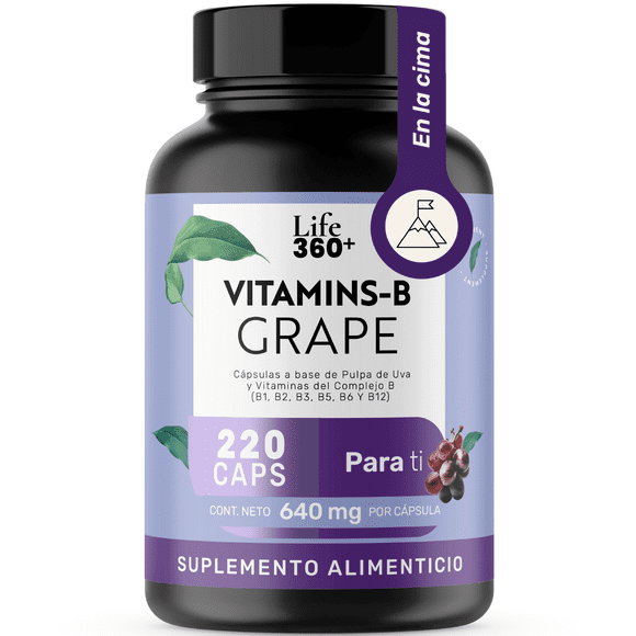 Life 360+ VITAMINS-B GRAPE | 220 cápsulas | Cápsulas a base de pulpa de uva y vitaminas del complejo B (B1, B2, B3, B5, B6 Y B12) | Suplemento Alimenticio | Cápsulas de gelatina y agua.