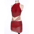 thumbnail image 3 of Haitryli Women's Tassels Latin Dance Costume Rhinestone Ballroom Jazz Dance Dress High Low Bodysuit Burgundy S, 3 of 7
