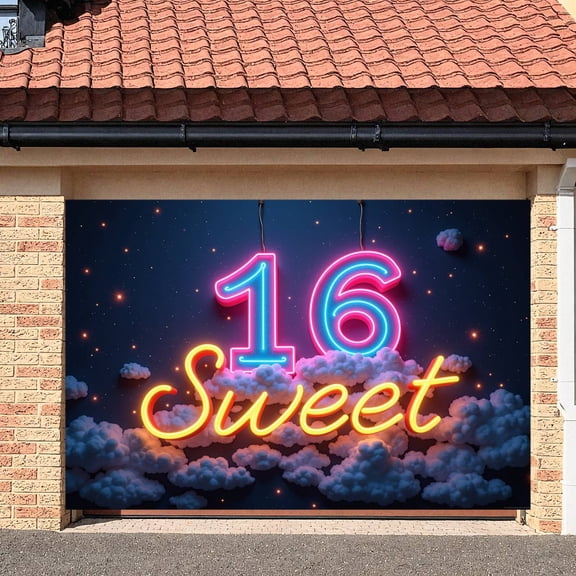 Neon Light Sweet 16 Banner Glowing Numbers 16th Birthday Display Design Colorful Theme Sweet 16 Backdrop for Sweet 16 Party Teenager Birthday Photo Backdrop