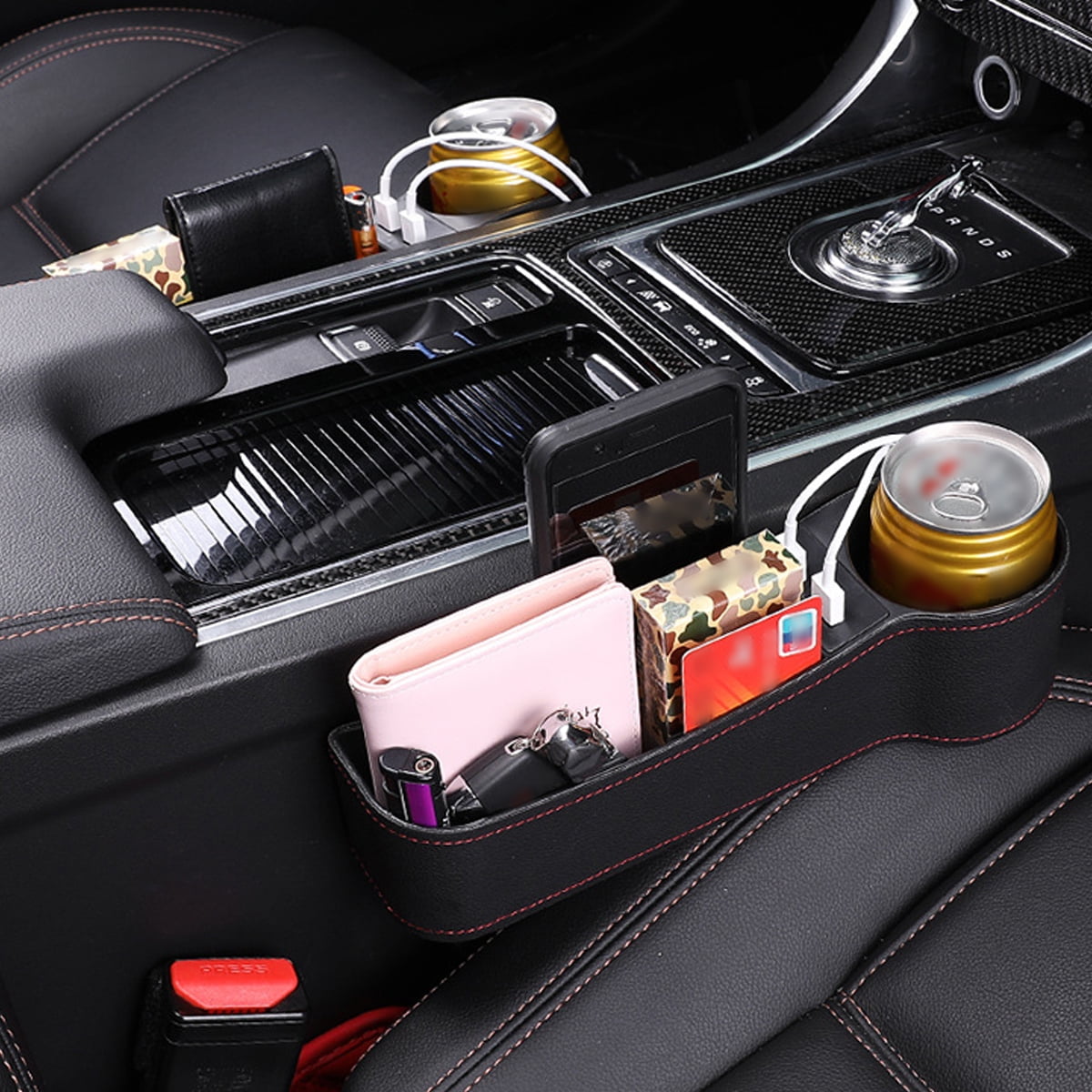 Car Seat Gap Organizer Storage Box Console Side Pocket Storage with USB Ports for Cellphones,Keys,Cards,Wallets Drink Coins,Sunglasses 