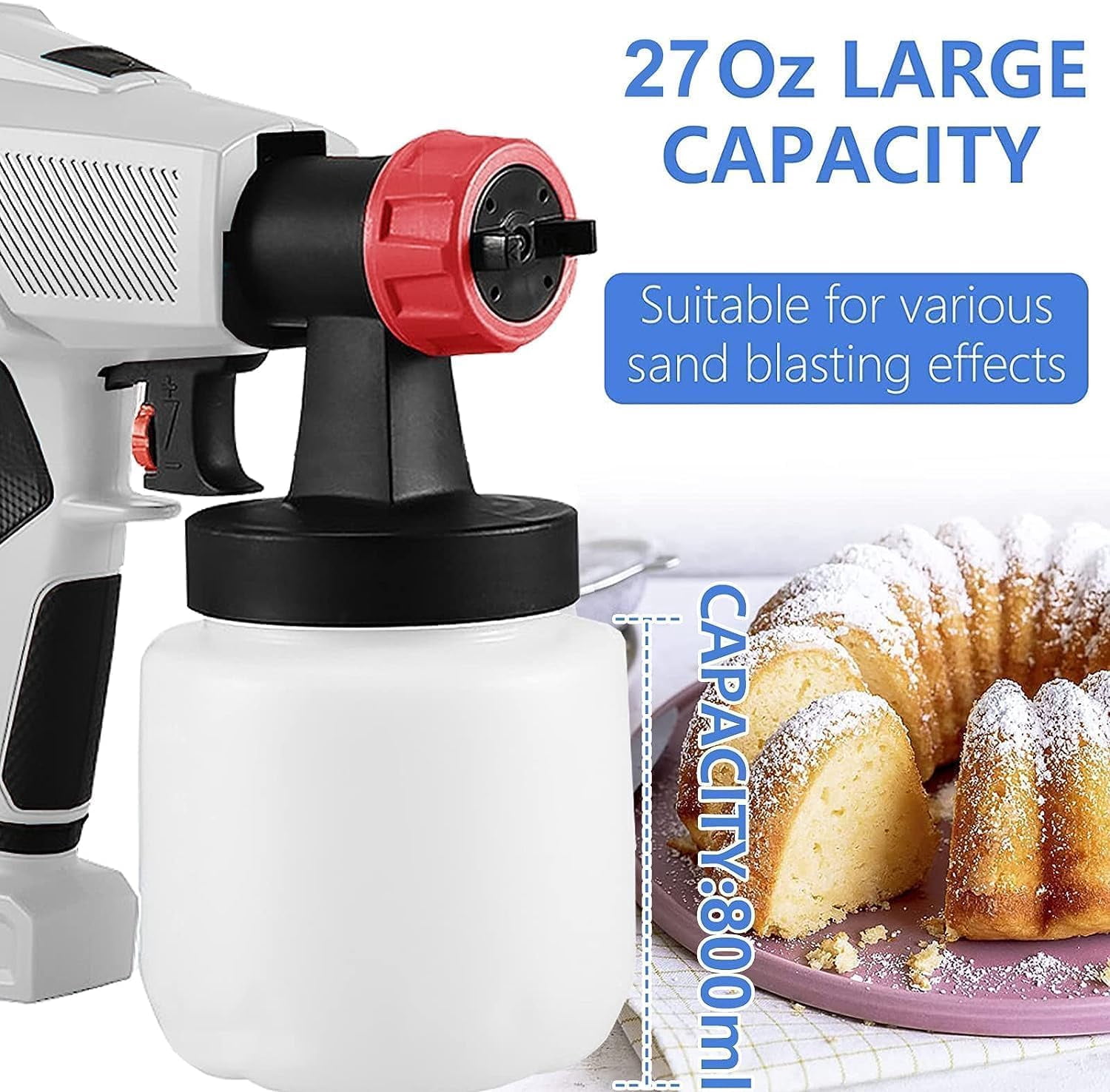 500W Electric Spray Gun for Desserts, Cake Decorating Airbrush Kit with 800ml Large Capacity Container & 3 Nozzle Sizes for  Pastry, Frosting, Chocolate, Buttercream Coating