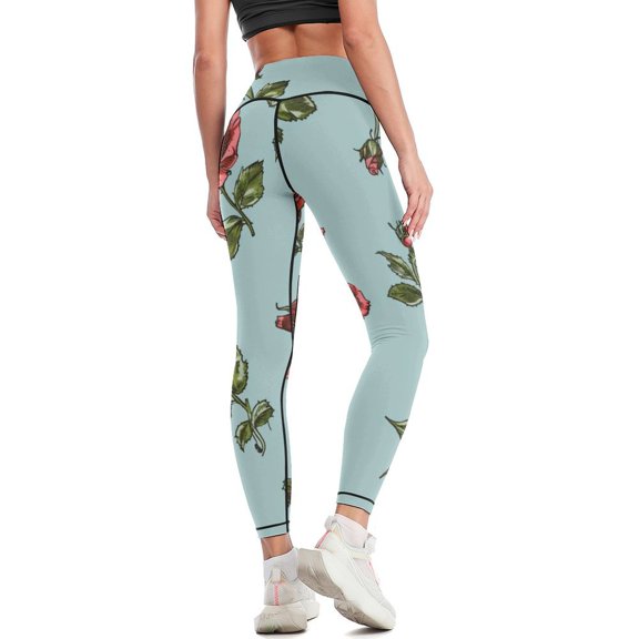 Rose Pattern High Waisted Leggings for Women Regular & Plus - No See Through Tummy Control Cycling Workout Yoga Pants without Pockets L
