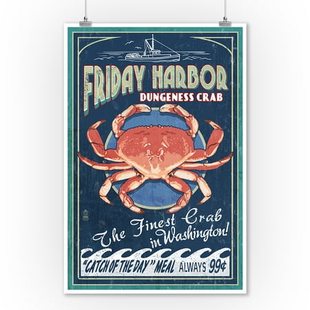 Friday Harbor, San Juan Island, Washington - Dungeness Crab Vintage Sign - Lantern Press Artwork (9x12 Art Print, Wall Decor Travel
