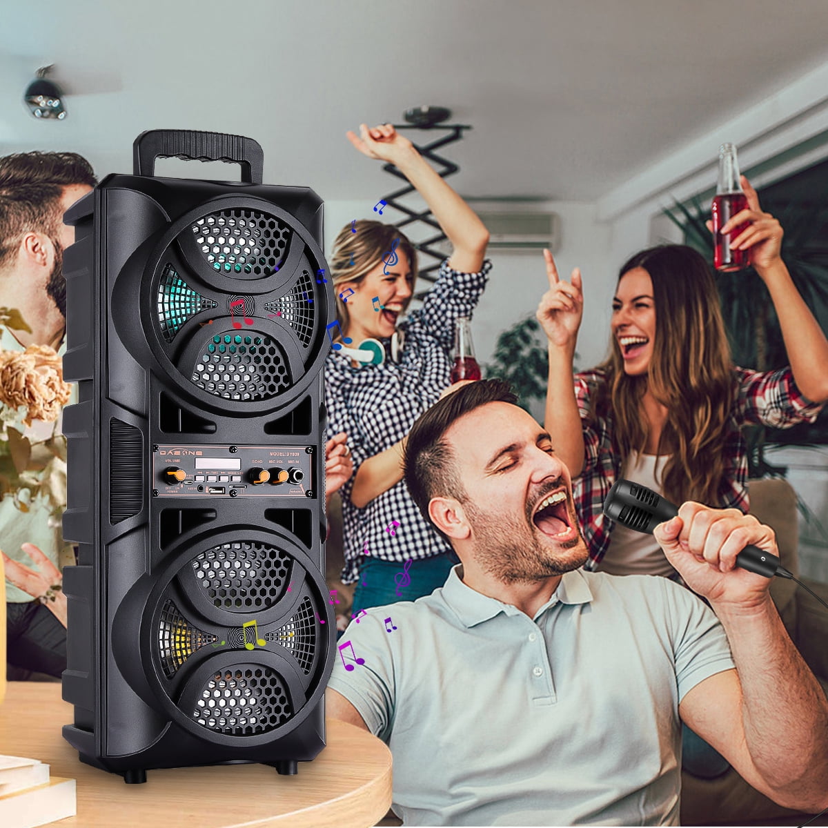 Funkeen Portable Bluetooth LED Speaker with Dual 6.5" Subwoofers, Black