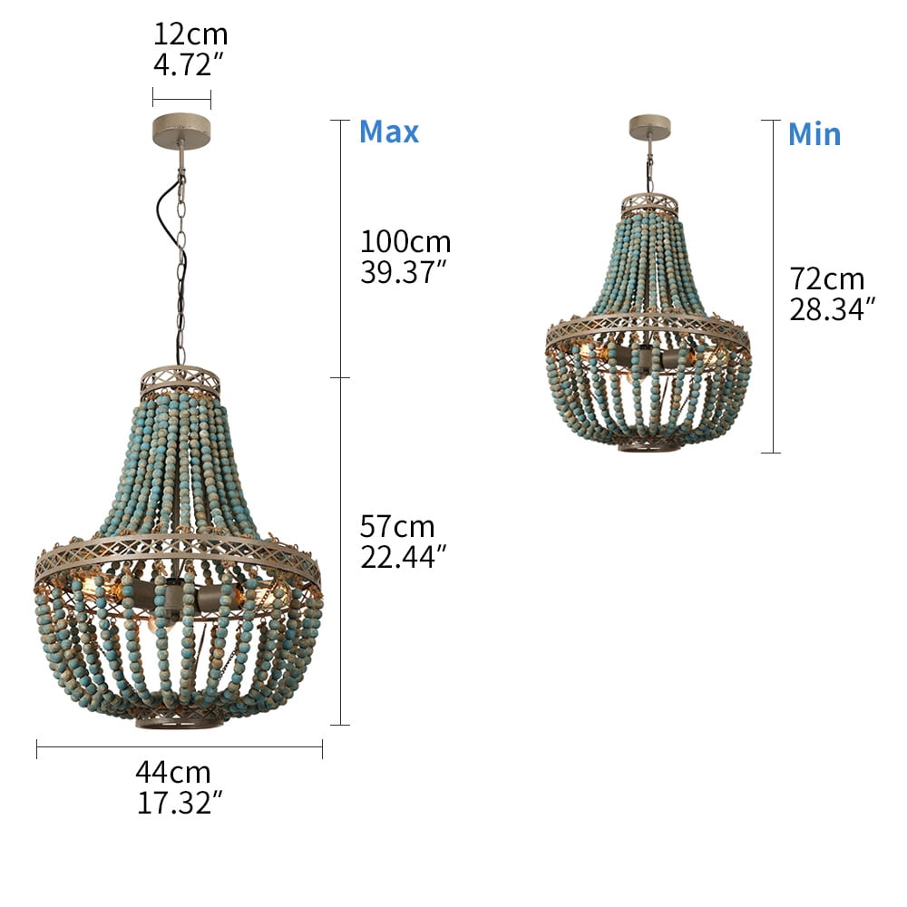 3-light Boho Turquoise Wood Bead Pendant Light, Large Vintage Chandelier, Adjustable Height, 17.32" Diameter (No Bulbs)