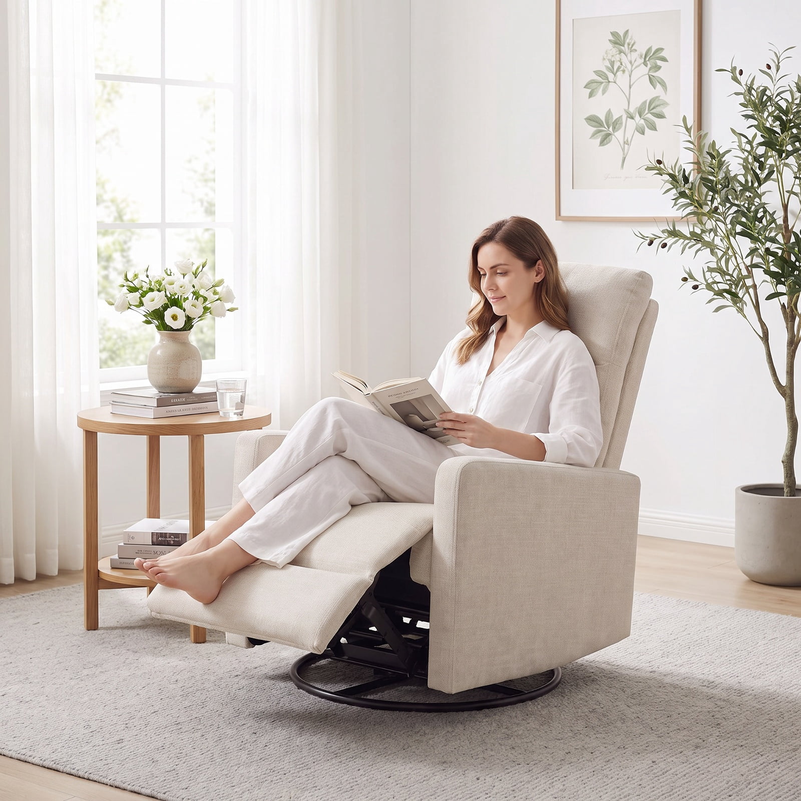 Furnibear Swivel Rocking Chair with 360 Degree Base Reclining Backrest and Extending Footrest for Nursery and Living Room, Beige
