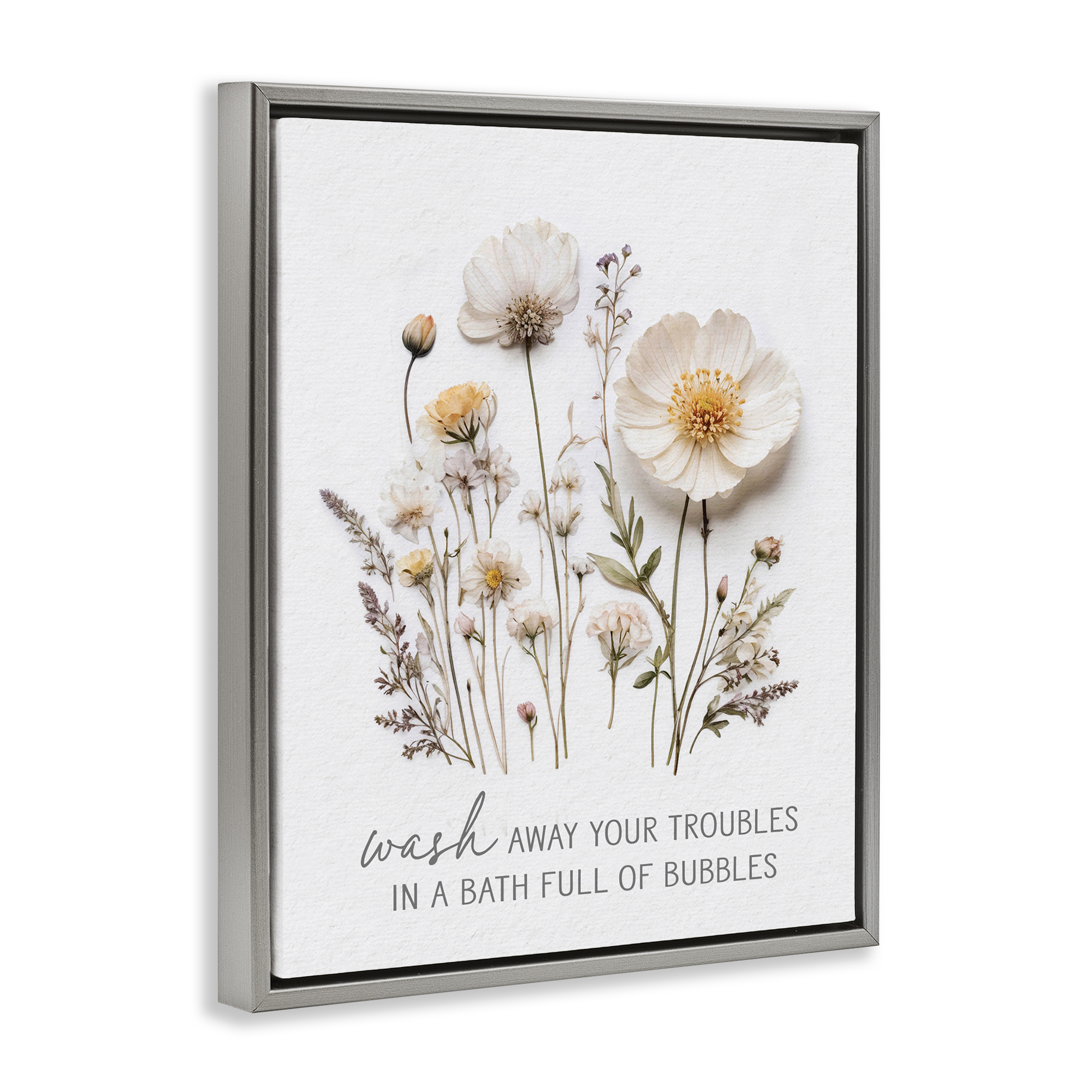 Pressed Flowers Wash Away Troubles Gray Framed Floater Canvas Wall Art, design by Lettered and Lined