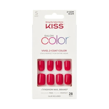 KISS Salon Color Press on Nails, Truthful, Red, Short Squoval, 28 Count