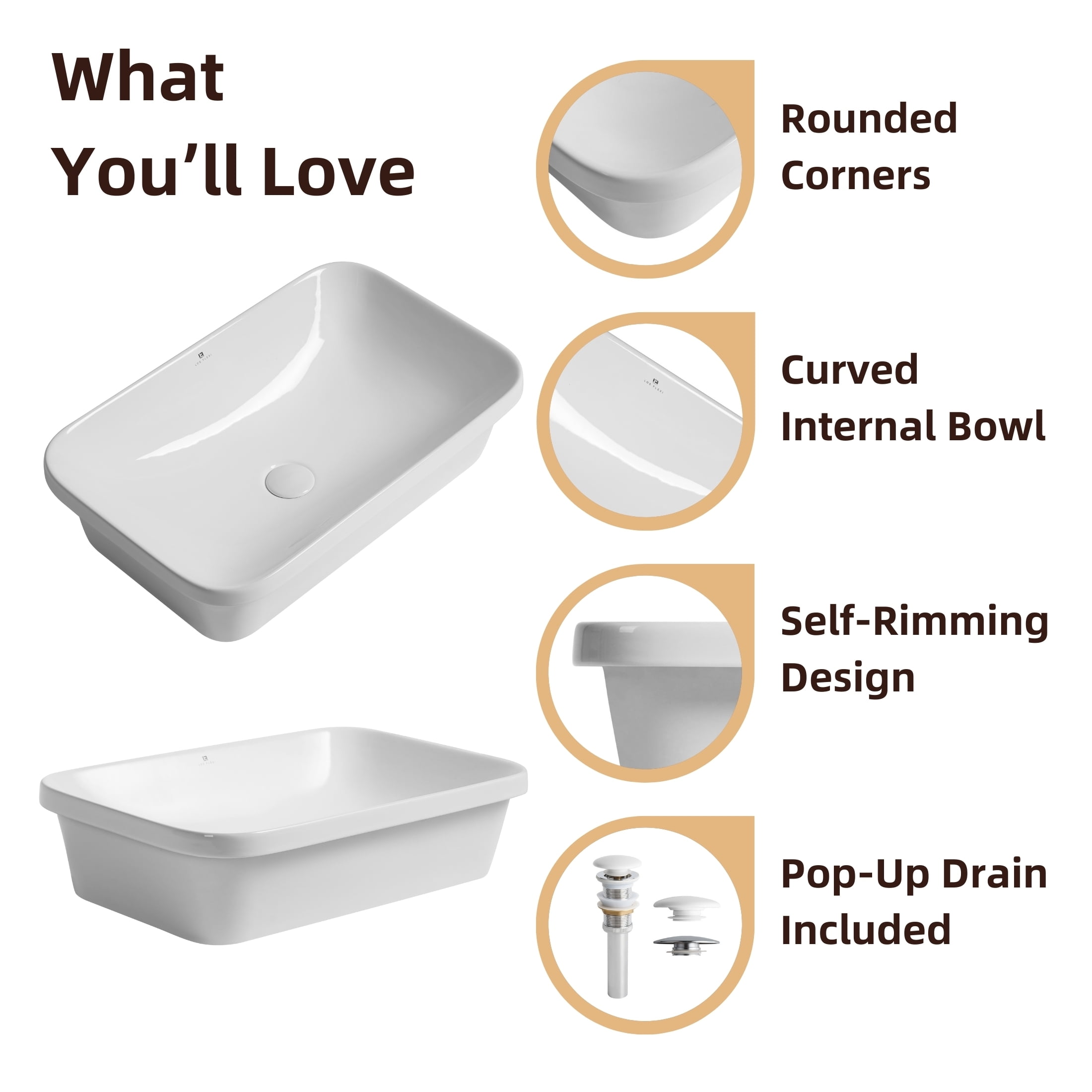 Los Flexi 24″ x 15″ Rectangular Drop In Bathroom Sink, Semi-Recessed Bathroom Sink Without Overflow, Pop-Up Drain Included