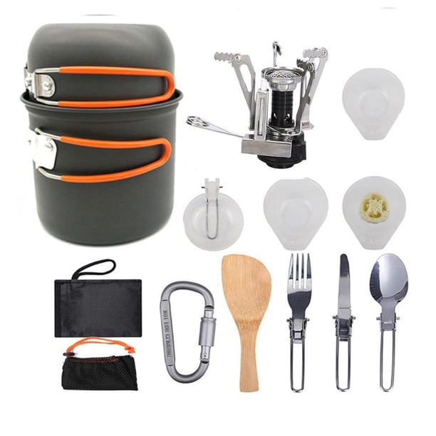 Eigraketly 11pcs Camping Cookware Mess Kit w/ Set Pot Stoves Carabiner Kits de desorden para acampar naranja negro