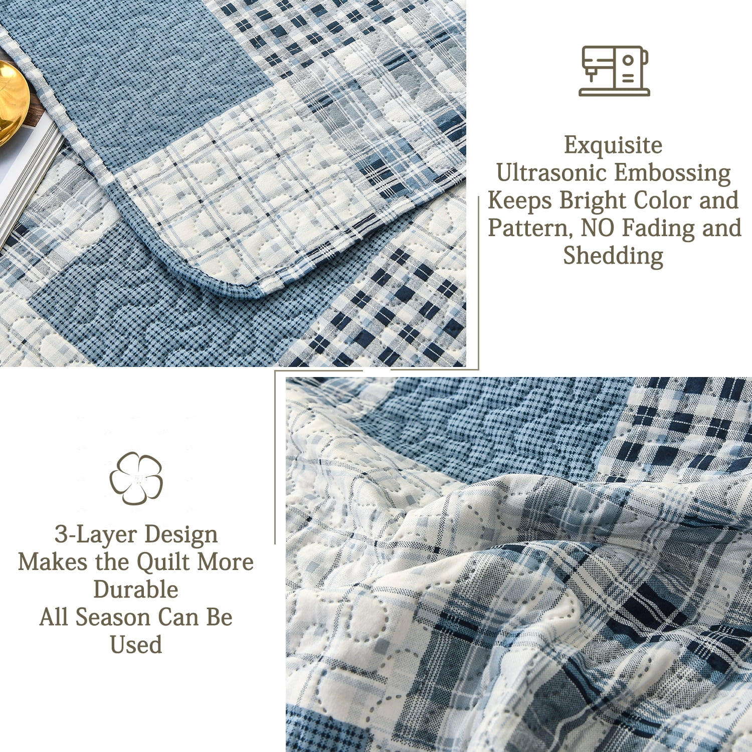 Kebury Quilt Set King Size Plaid Bedding Microfiber Ultra Soft Bedspread Ligthtweight Blue Gray Quilt Coverlet Collection for Bedroom (1 Quilt, 2 Pillow Shams)