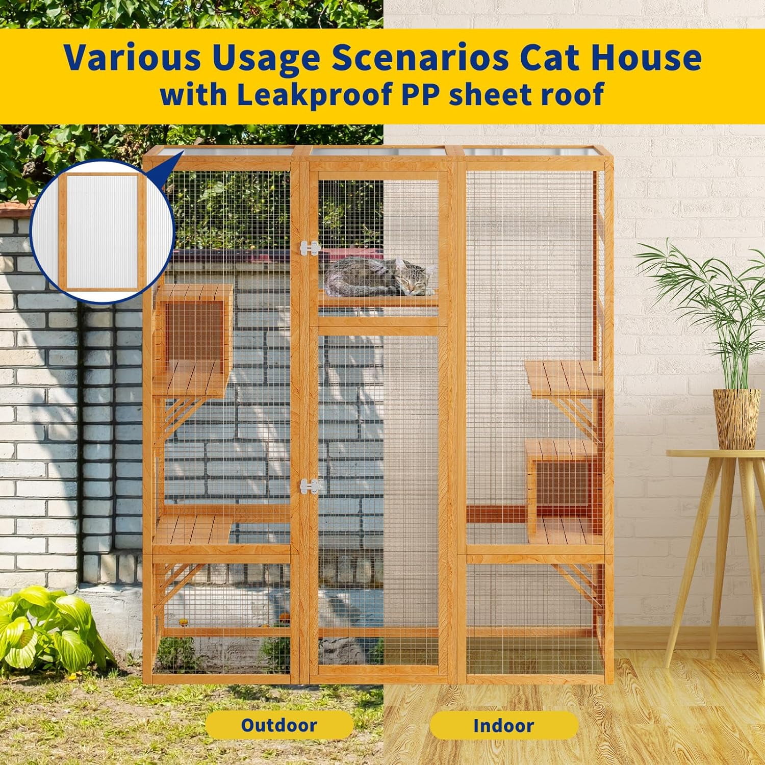 Akaber Large Outdoor Cat Enclosures with 7 Platforms & 2 Resting Rooms, Fir Wood Catio House with Waterproof UV Protection Roof, Indoor Outdoor Cat Furniture
