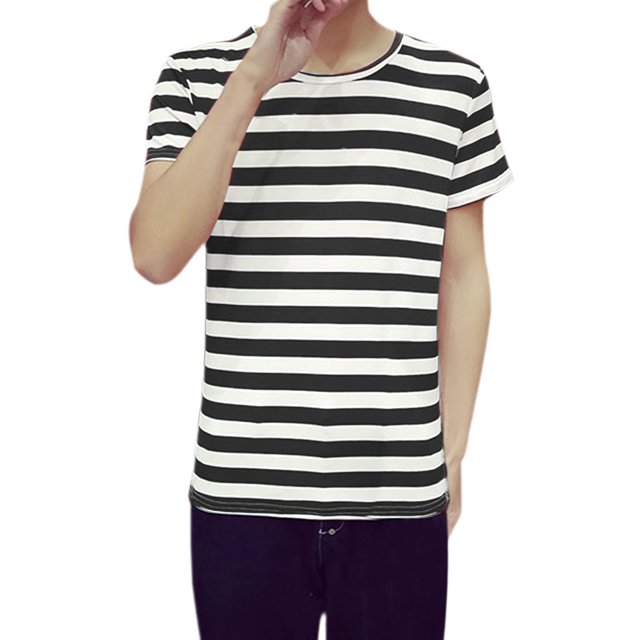 Camiseta De Rayas De Manga Corta Con Cuello Redondo de Color Negro para Hombre 56 Unique Bargains Camiseta