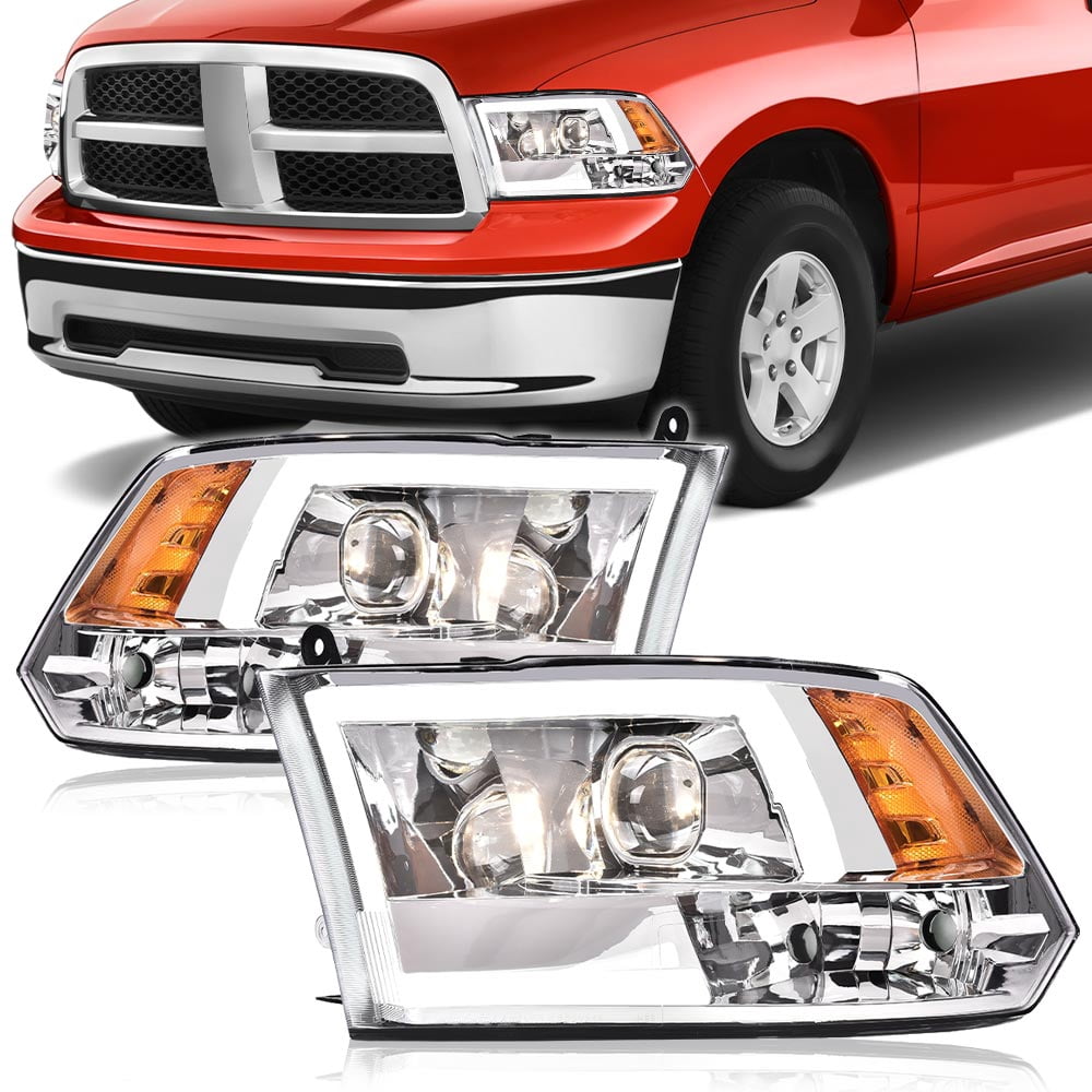 PIT66 LED Headlight, Fit for 09-18 Dodge Ram 1500 / 10-18 Ram 2500 3500 / 11-18 Ram 4500 5502, (Only Fits for Quad Headlamps Models) Headlamp Assembly Clear Lens Chrome Housing Amber Reflector