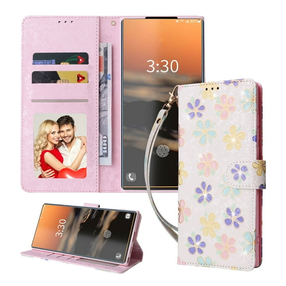 Allytech Samsung Galaxy S22 Ultra Wallet Case, Stylish Flowers Pattern PU Leather Cover with Wrist Strap & Card Slots, Kickstand Magnetic Closure Shockproof Slim Case for Women Girls, Small Flowers