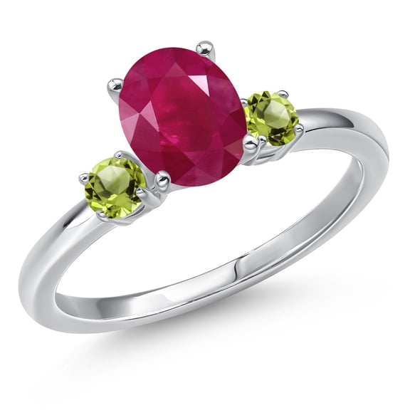 Gem Stone King 14K White Gold Red Ruby and Green Peridot Engagement Ring for Women | 1.84 Cttw | Oval 8X6MM | Gemstone July Birthstone | Size 6