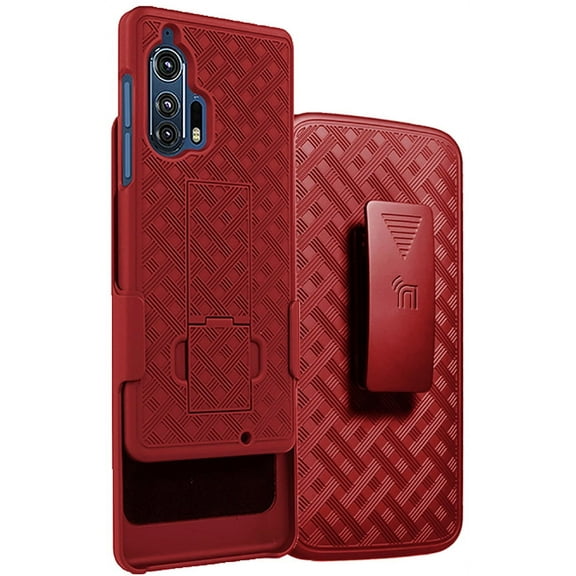 Case with Clip for Motorola Edge Plus, Nakedcellphone [Red] Kickstand Cover with [Rotating/Ratchet] Belt Hip Holster Combo for Moto Edge  (2020, XT2061)