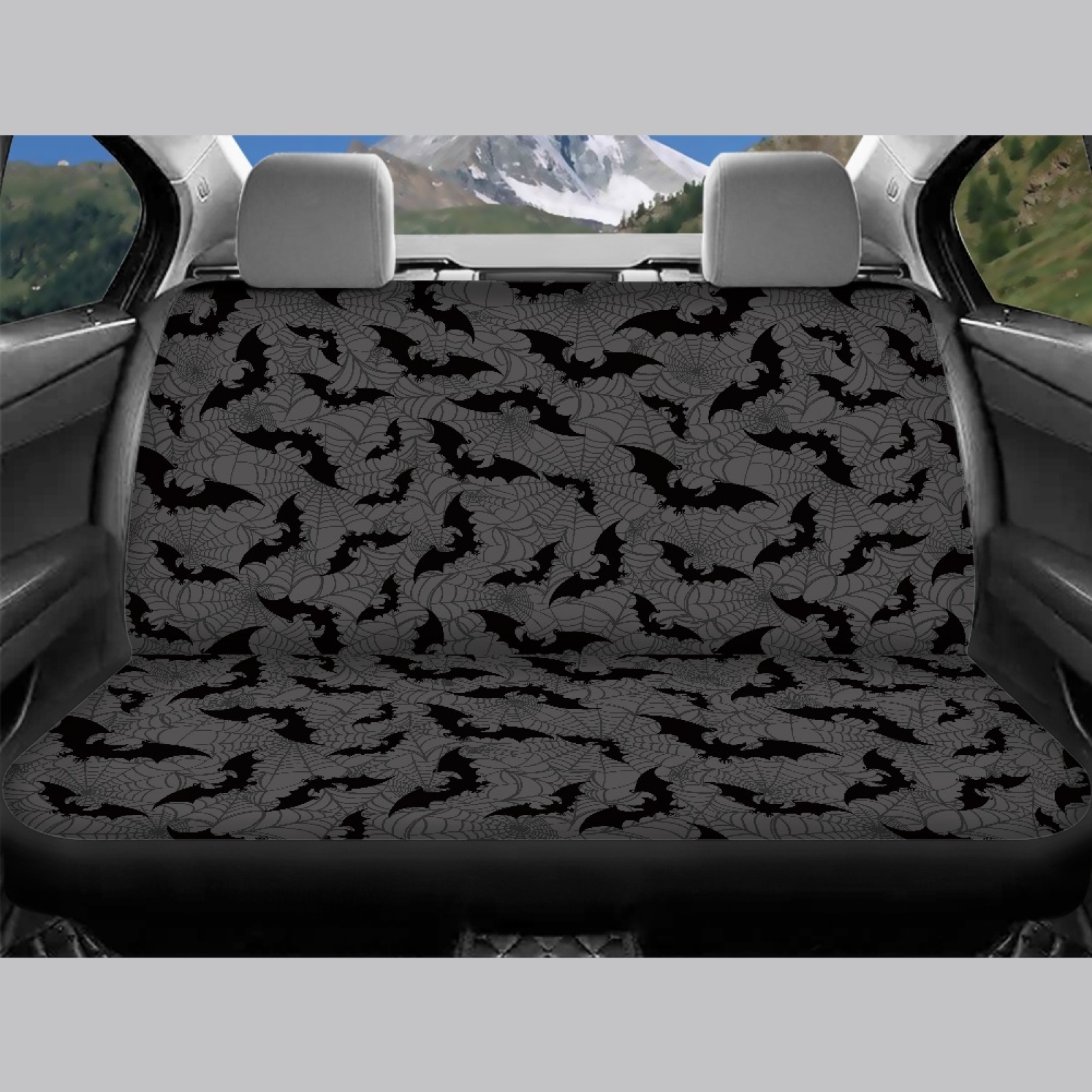 Renewold Bat Spider Web Gray Car Seat Covers Full Set 4 PCS, Front and Rear Split Bench Protective Cover Halloween Auto Interior Decor Universal Fit for Truck Van SUV
