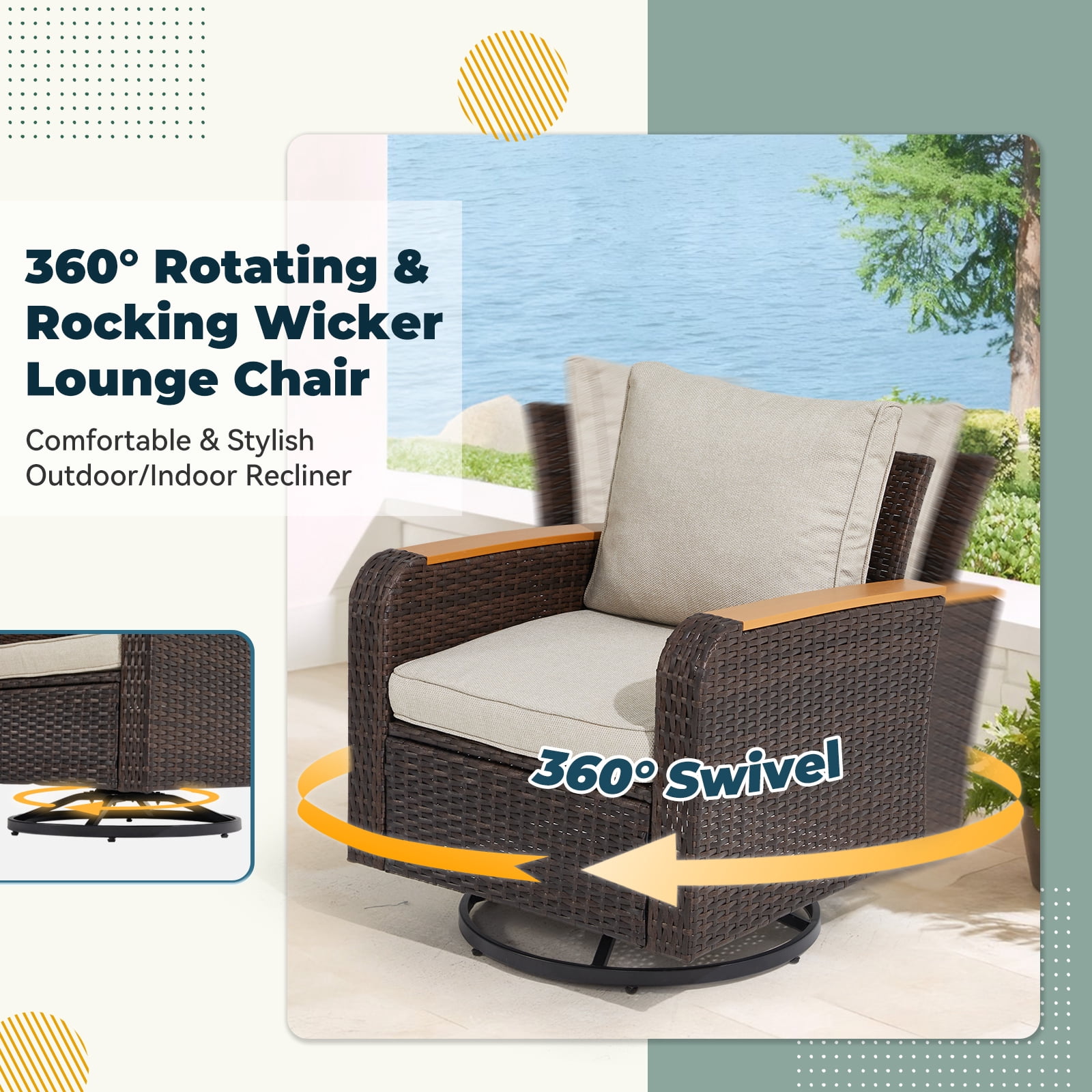 6 Pieces Wicker Patio Furniture Sets, Outdoor Conversation Set PE Rattan Sectional Sofa Couch with Swivel chairs Ideal for Indoor Porch Deck Bistro Lawn Garden Backyard Poolside-Khaki