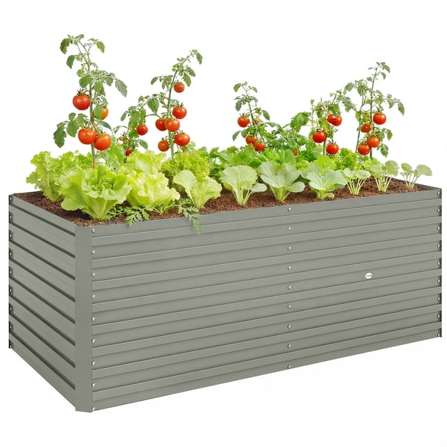 Outsunny Galvanized Raised Garden Bed, 5' x 3' x 2' Planter Box Light Grey