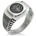 thumbnail image 1 of Stainless Steel Uesugi Samurai Crest CZ Ribbed Needle Stripe Pattern Biker Style Polished Ring, 1 of 1