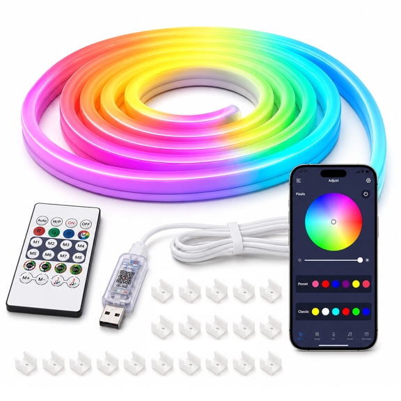 Rirool 5M Smart RGB Neon LED Strip Light, App Remote Control Music Sync Flexible Rope Light, 16M Colors, IP65 Waterproof USB 5V LED Strip for Bedroom Gaming TV Party Christmas Decor