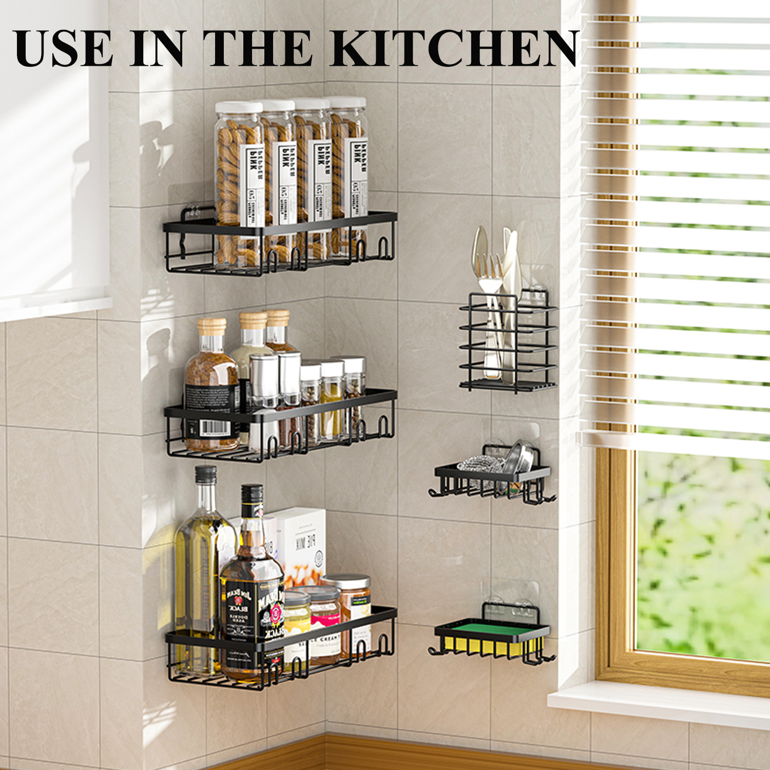 PHANCIR 6-Piece Shower Caddy, Wall Mount, Black photo 6