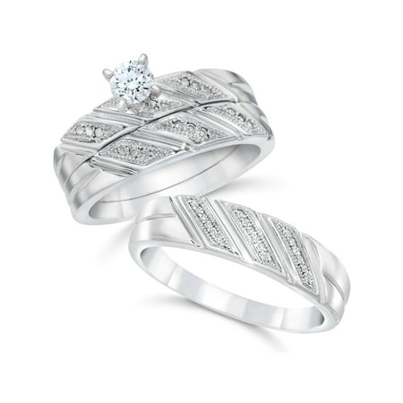 1/3ct His Hers Diamond Trio Engagement Matching Mens Wedding Ring Set White