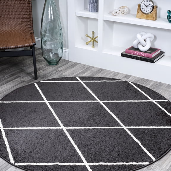 JONATHAN Y SUPERSOFT 5' Round Area Rug, Cole Minimalist Diamond Trellis - Black/White, SEU102A-5R