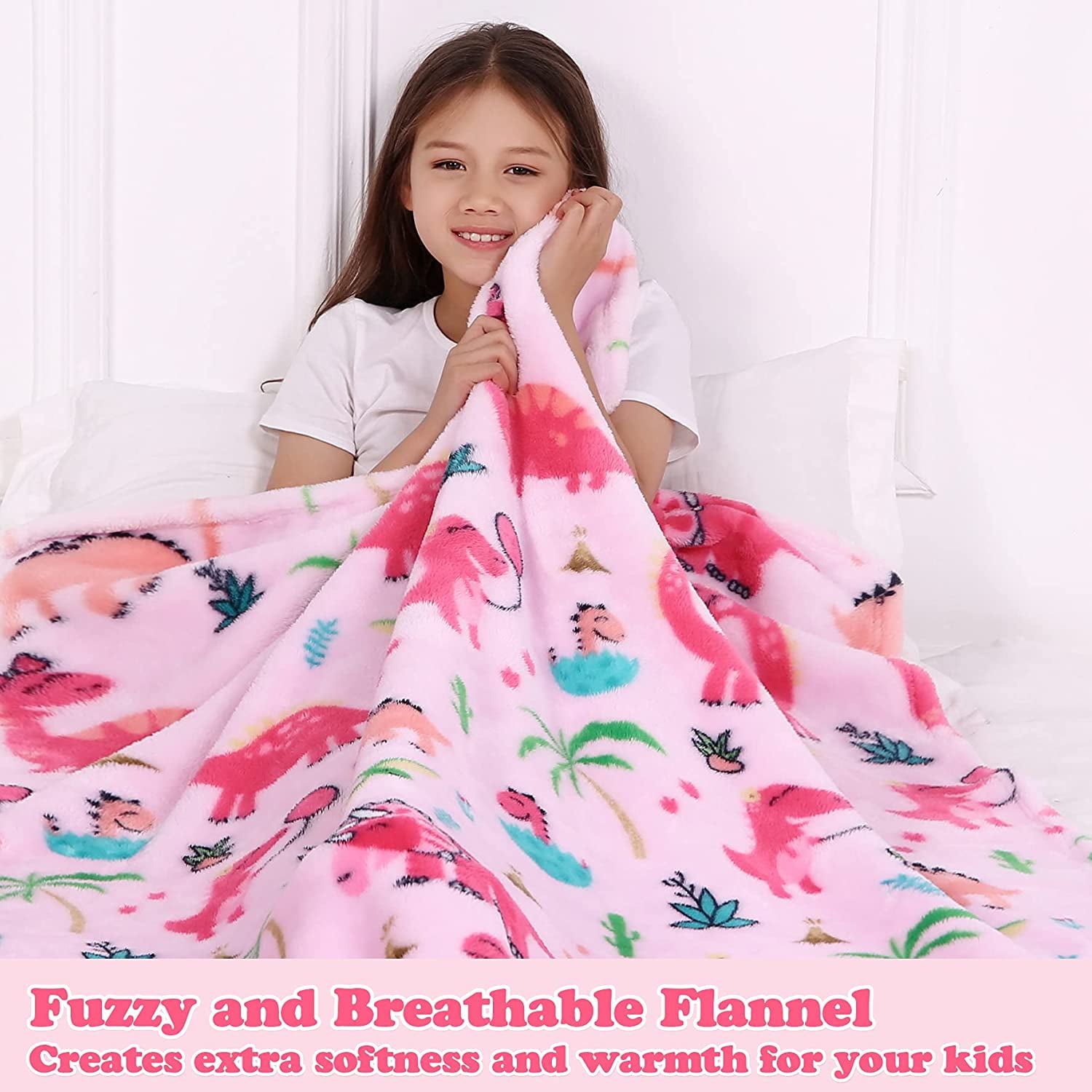 Htooq Dinosaur Blanket For Kids Dinosaur Throw Blanket For Girls Fluffy Cozy Kids Blanket With Vibrant Dinosaurs Pattern On Both Sides Soft And War
