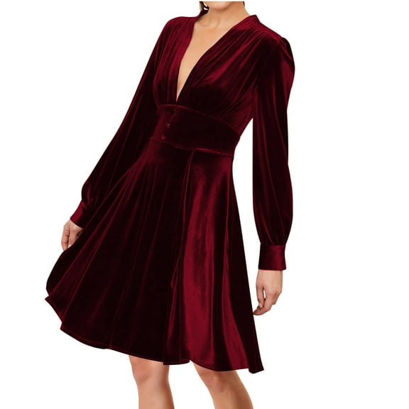 asdoklhq Sparkly Dresses for Women Solid Color Velvet V-neck Mid Length Bubble Sleeve Dress Wine XL